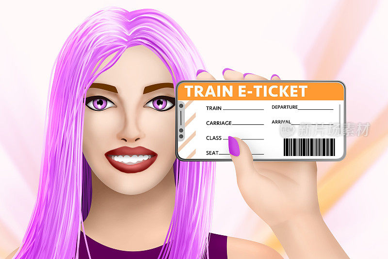 概念列车电子票(electronic ticket)。画在彩色背景上的漂亮女孩。插图